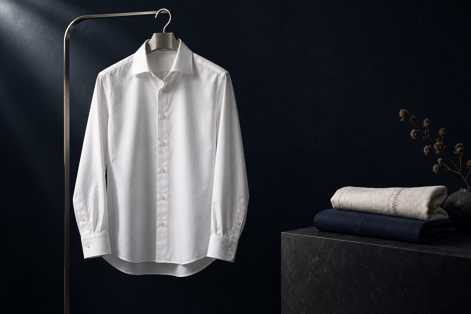 Illustrative still life of a pressed white shirt on a sculptural hanger against navy